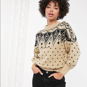 Monki Tan Black Patterned Loose Sleeves Sweater Size XXS